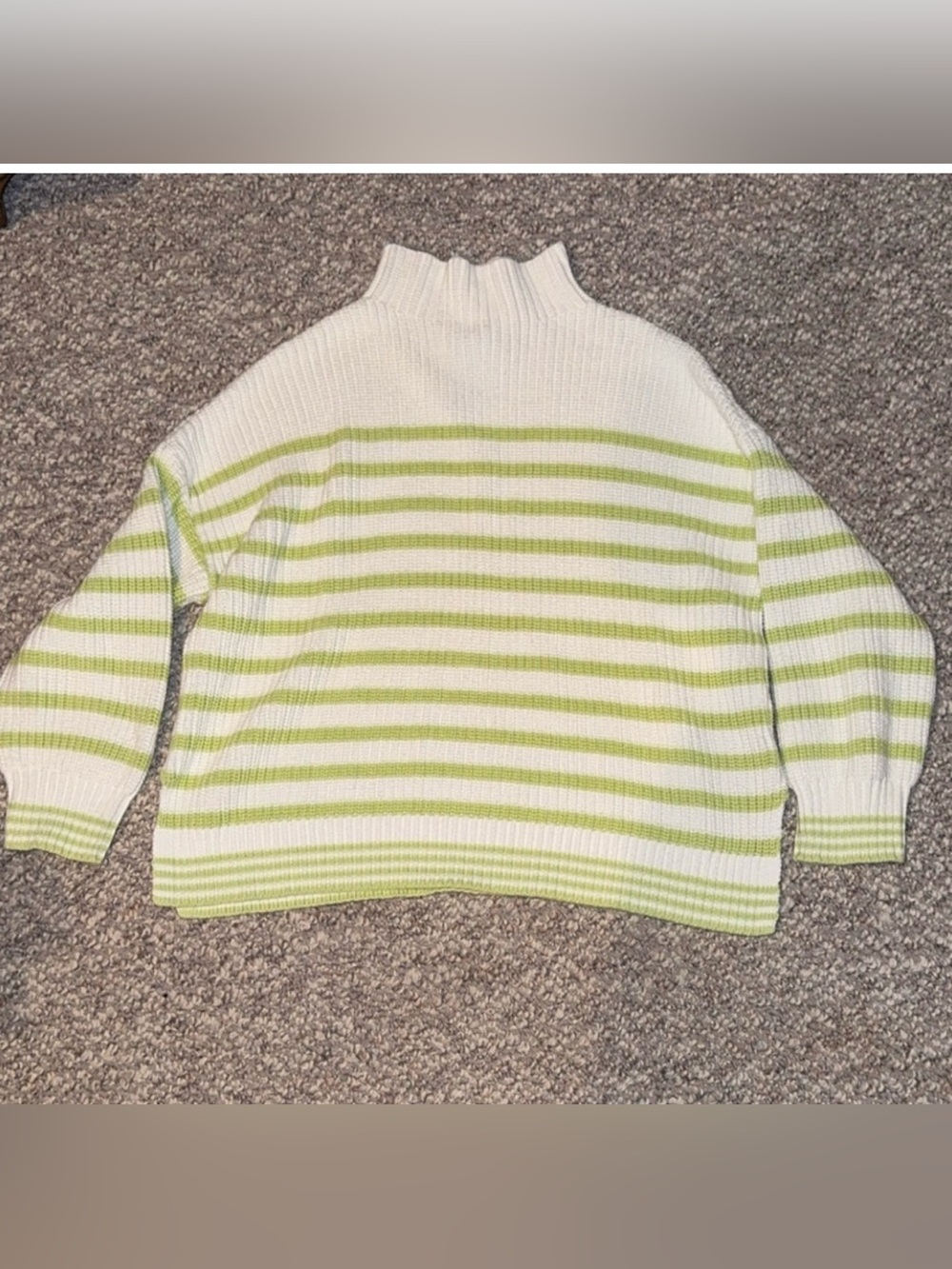 Cupcakes & Cashmere white and lime green striped mock-neck sweater.
